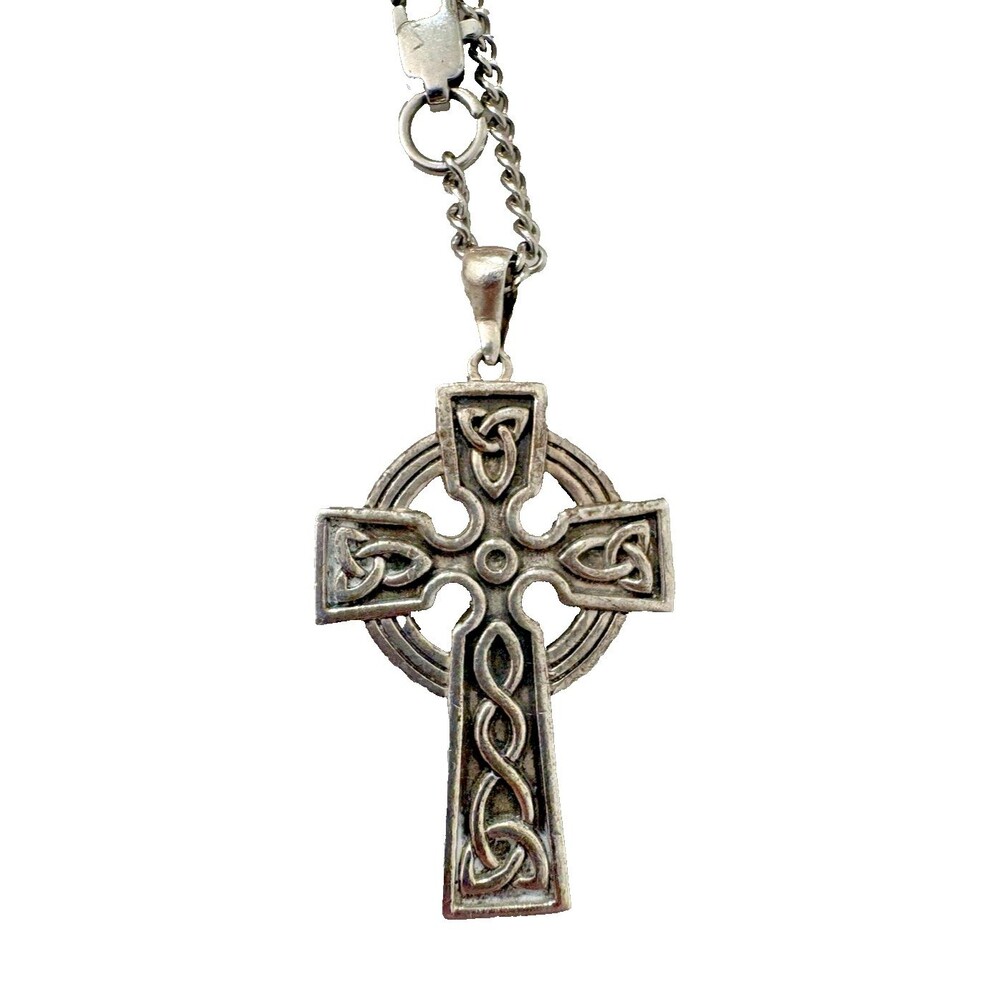 Sterling Silver Cross Irish Celtic Trinity Double Sided Solvar 20" in Chain EUC